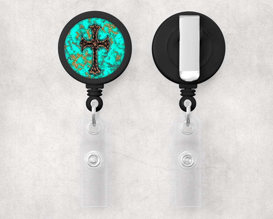 Leopard Print Turquoise Cross |Retractable Badge Reel